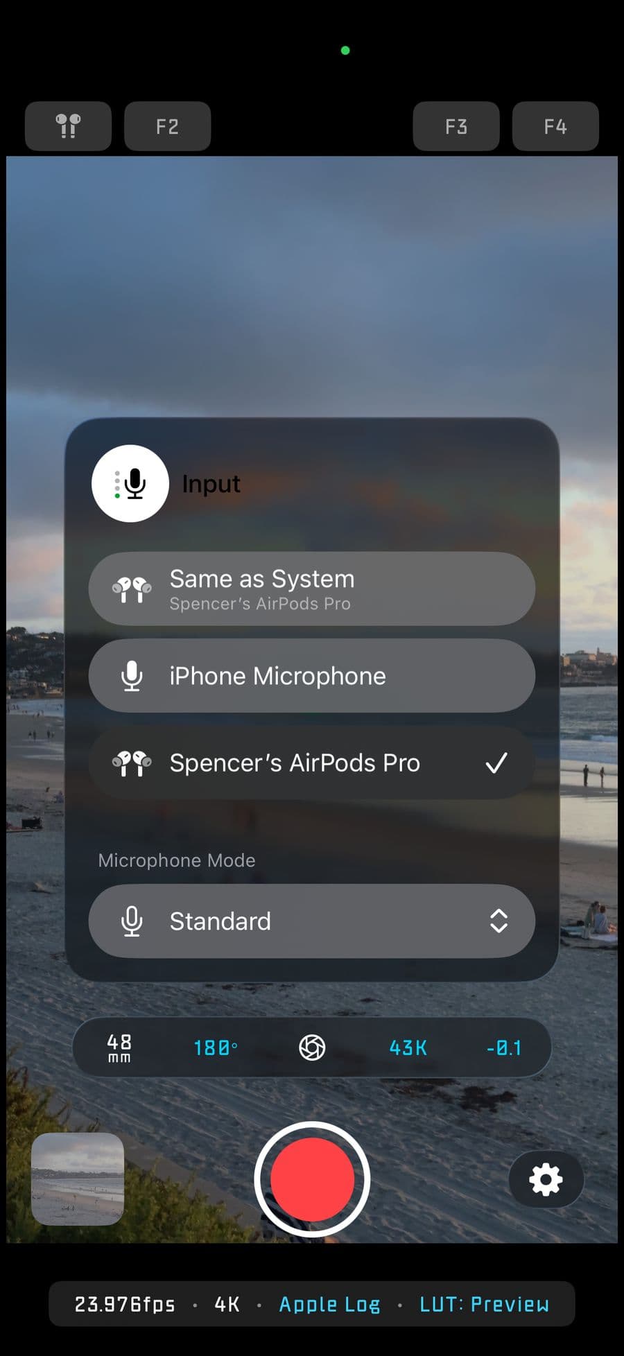 Audio input controls in Spencer's Camera.